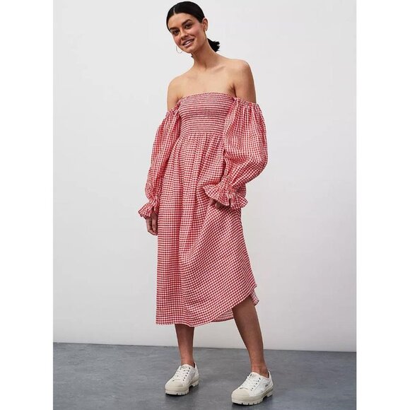 SLEEPER Women's Atlanta Check Midi Dress Size XS In Red - Picture 1 of 7